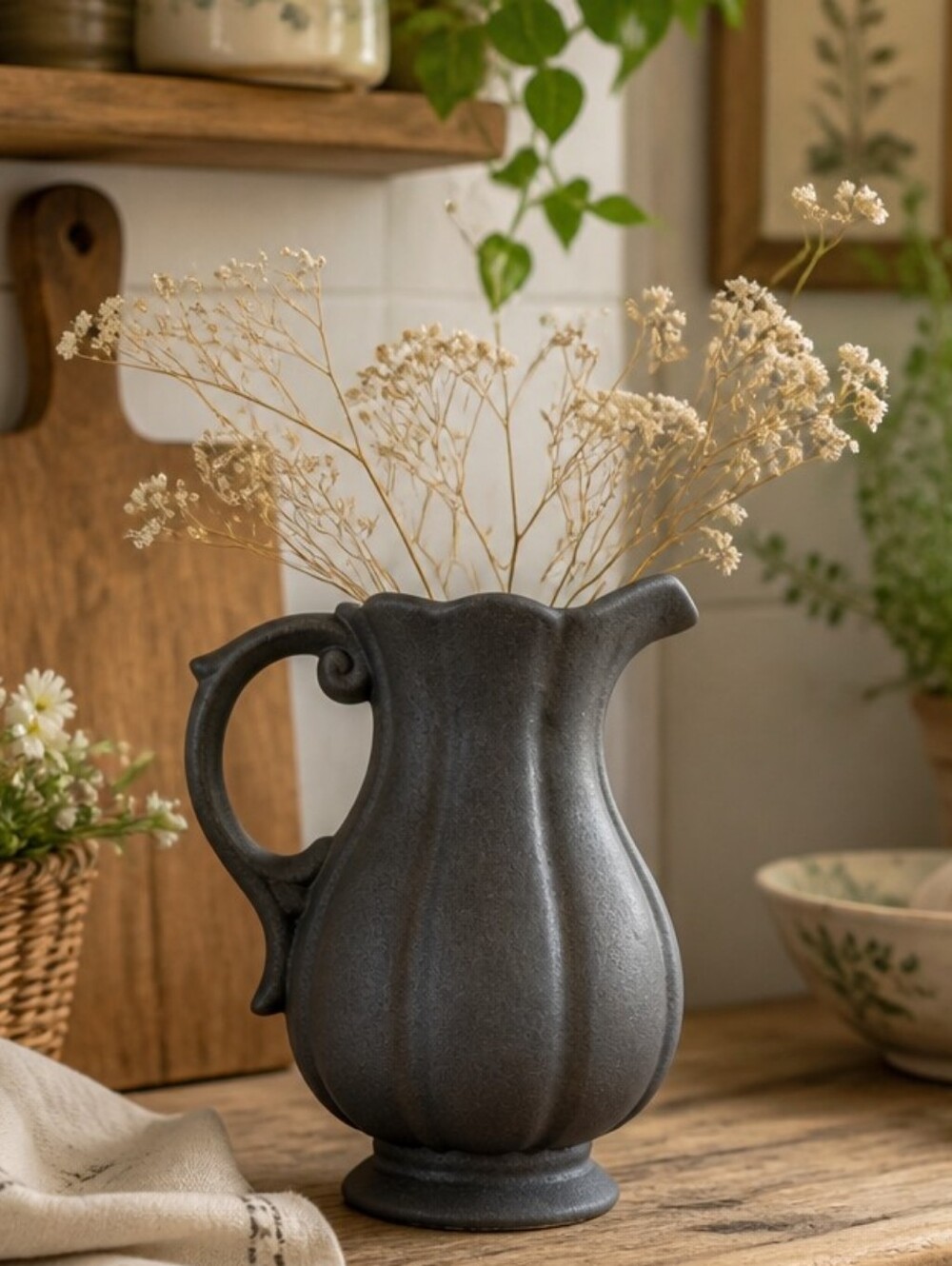 🖤 Vintage Textured Charcoal Pitcher